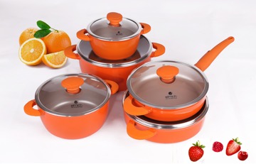 Bộ sản phẩm Vitaplus Fiore với thiết kế mềm mại và tinh tế với hai màu đỏ và cam phù hợp cho gian bếp nhiều màu sắc và ấm áp.