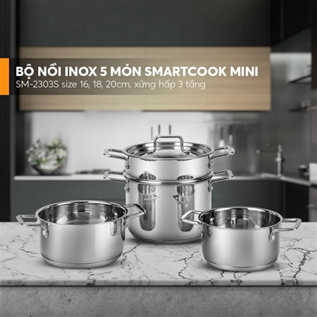 Bộ nồi inox 5 món Smartcook Mini SM 2303S size 16,18,20, xửng hấp 3 tầng size 16,18,20cm