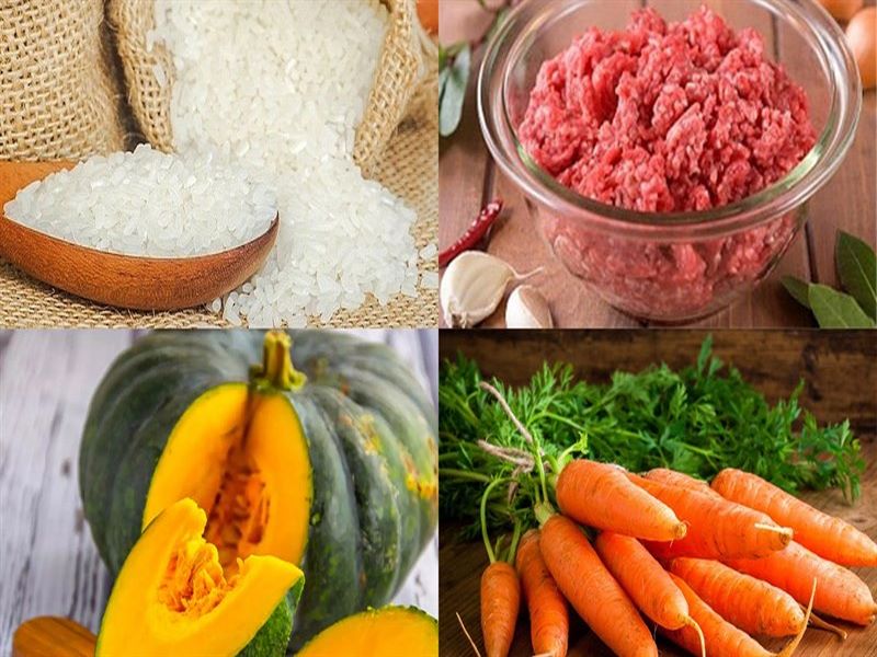 Nguyên liệu cho món cháo bí đỏ thịt heo cà rốt