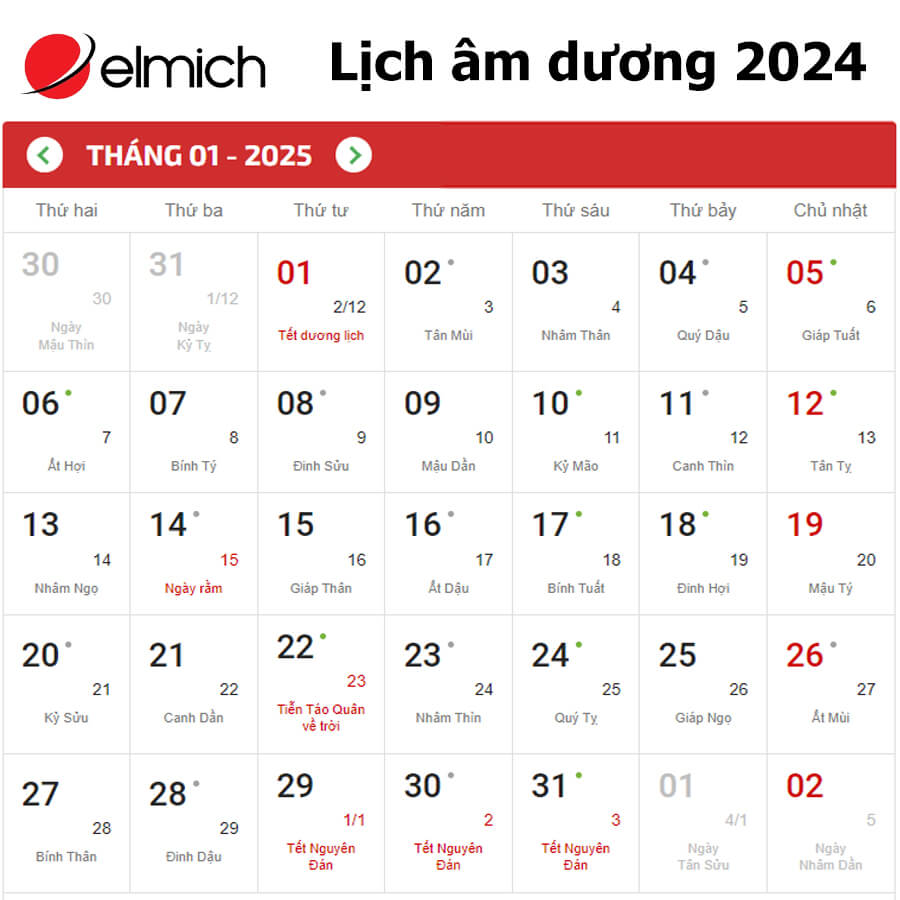 Lịch tháng 1 2025