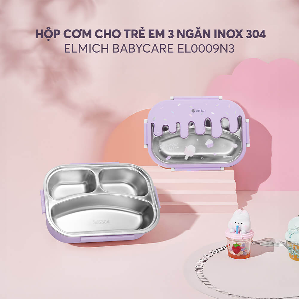 Hộp cơm cho trẻ em 3 ngăn, inox 304, dung tích 650mL Elmich Babycare EL-0009N3