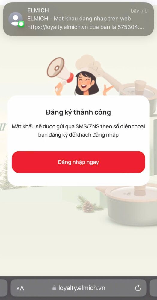 Màn Hình Chúc Mừng đăng Ký Thành Công