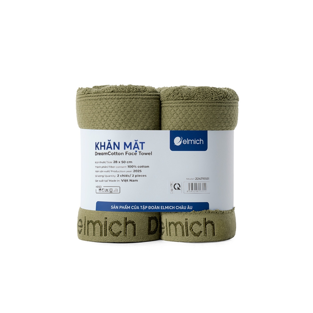 Bộ 2 khăn mặt 100% cotton cao cấp Elmich Dr.Sleep – Xanh Olive