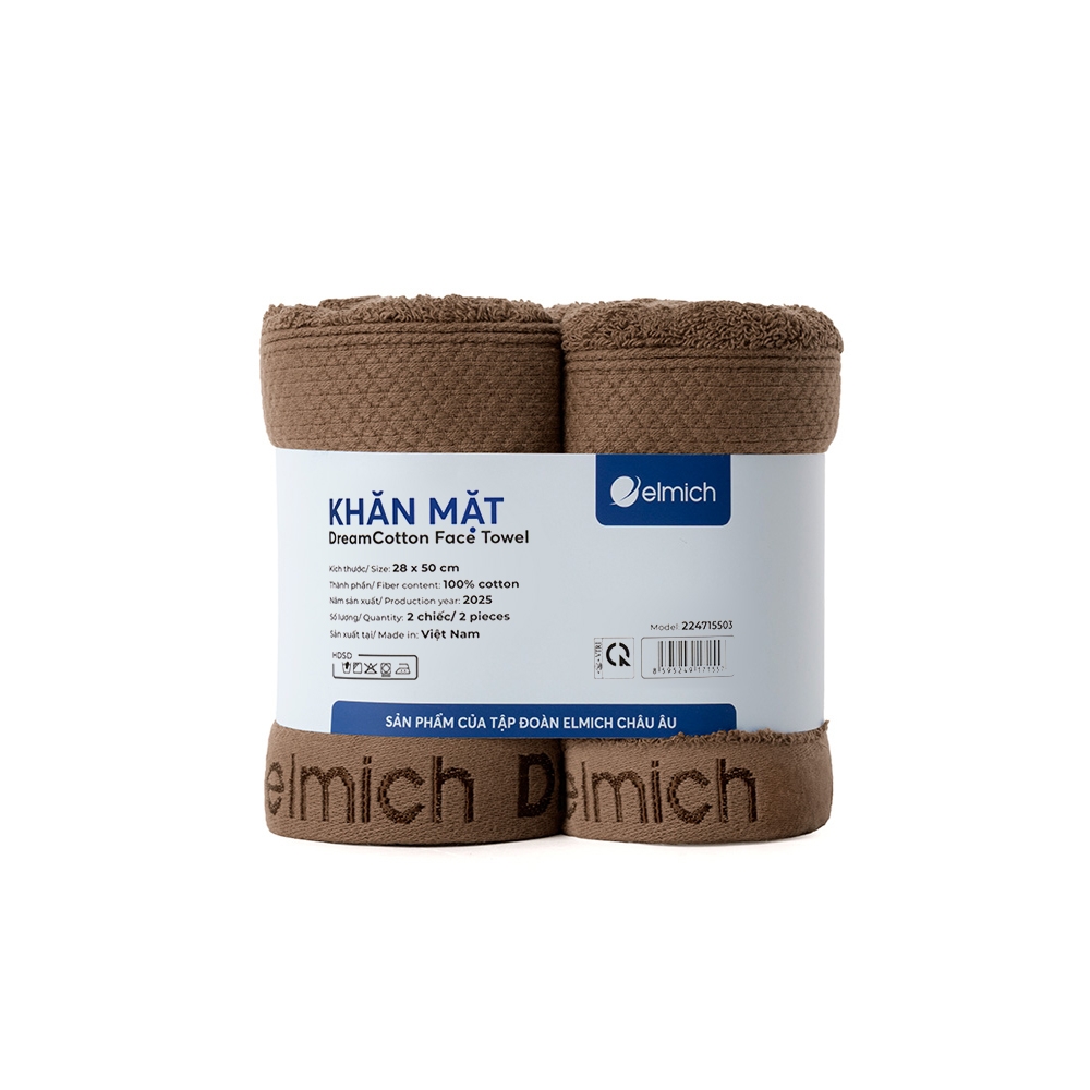 Bộ 2 khăn mặt 100% cotton cao cấp Elmich Dr.Sleep – Nâu