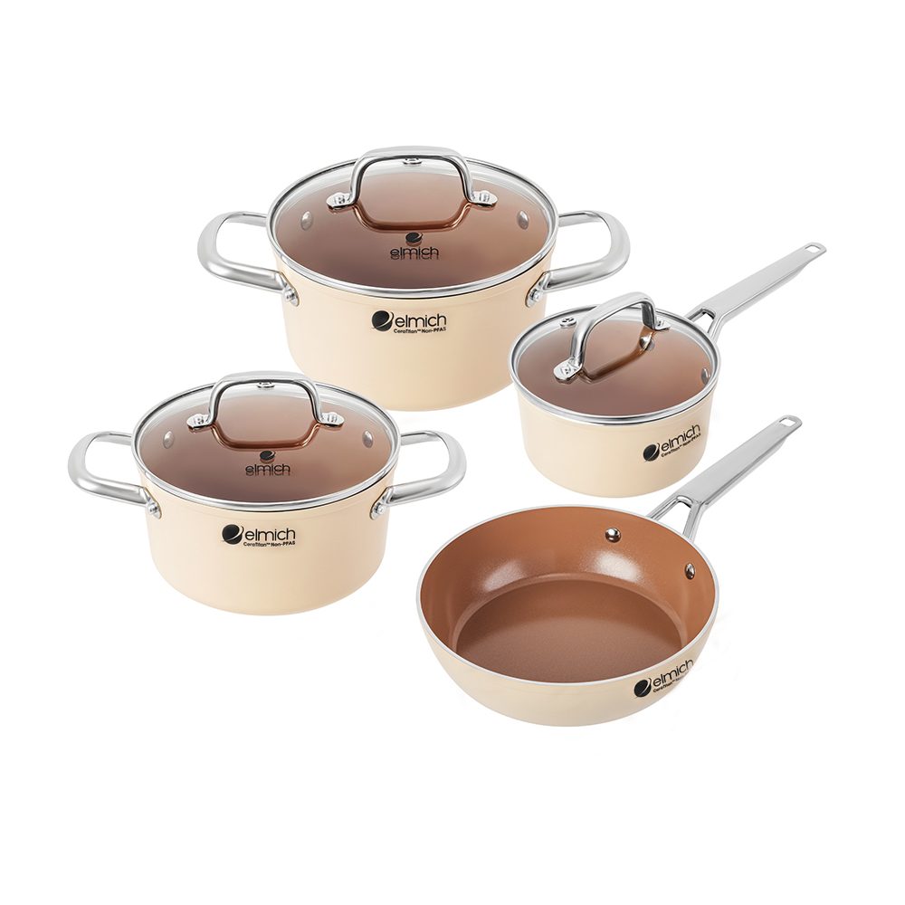 Bộ nồi Ceramic Elmich Plus Mocha Size 16, 20, 24, chảo 24cm