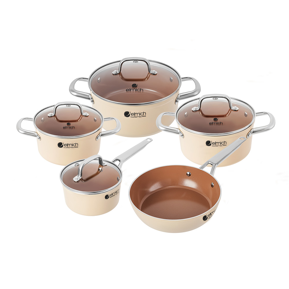 Bộ nồi Ceramic Elmich  Plus Mocha Size 16, 18, 20, 24, chảo 26cm